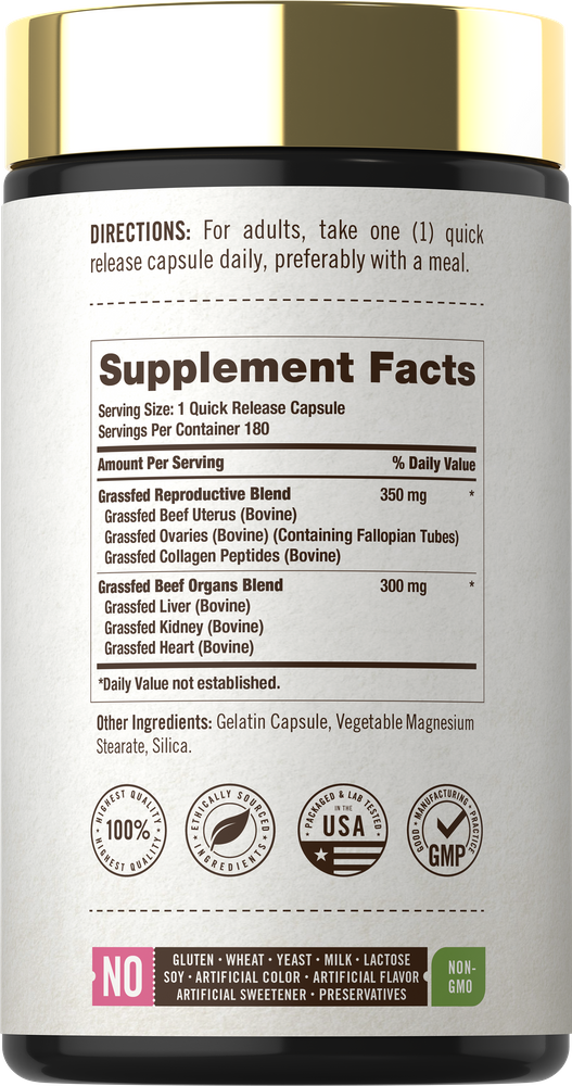 Supplement Facts panel for Beef Organs For Women 180 Capsules, displayed on a hand-scale image, detailing contents and dosage.