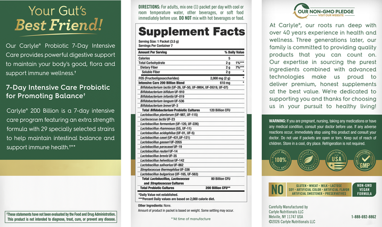 Carlyle Probiotic Sticks: Contains 7 packets, each with a serving size of 1 Packet (3.5 g), displayed on a hand scale.