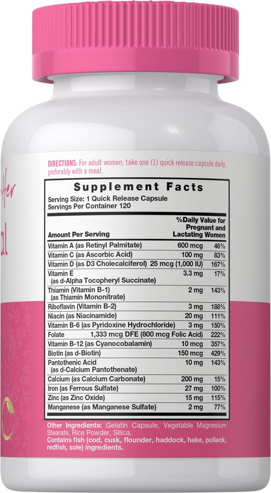 Carlyle Prenatal Vitamins & Minerals, featuring 120 quick release capsules, shown on hand for scale.