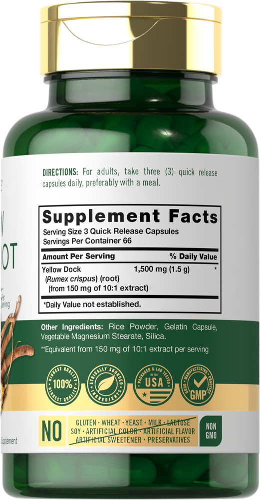 Hand holding a bulk scale container of Yellow Dock 1500 mg with 200 capsules.