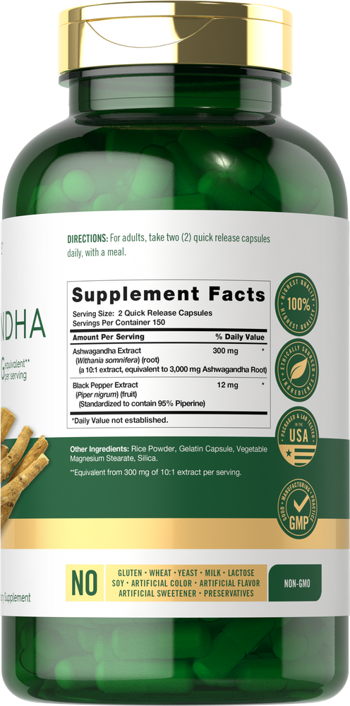 A bottle of Ashwagandha 300 Quick Release Capsules beside pieces of Ashwagandha root.