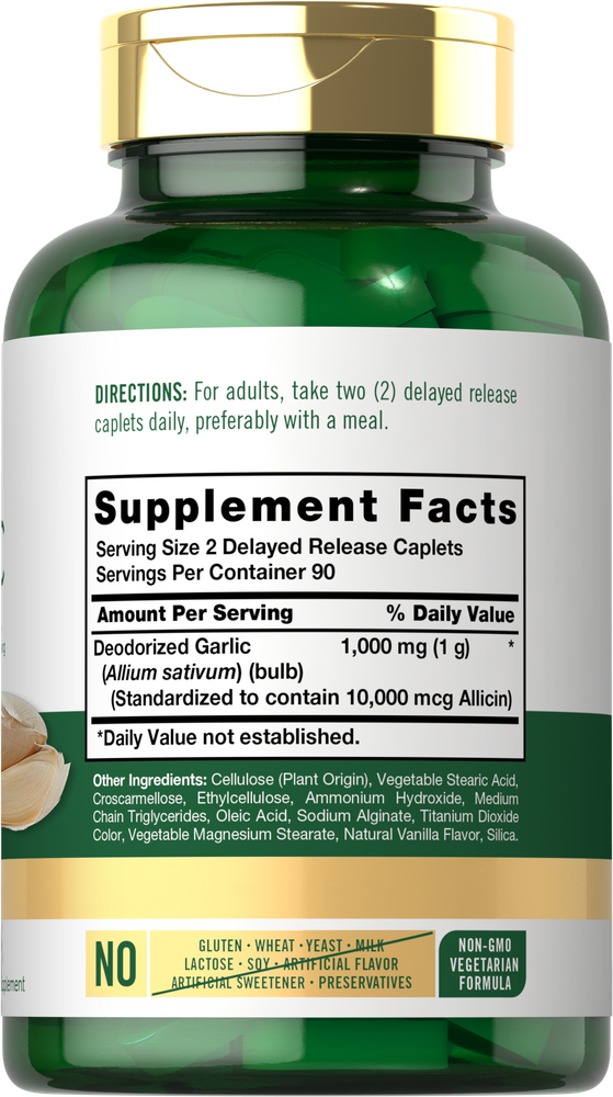 Delayed Release Caplets contain 1,000 mg Deodorized Garlic and 10,000 mcg Allicin per serving.