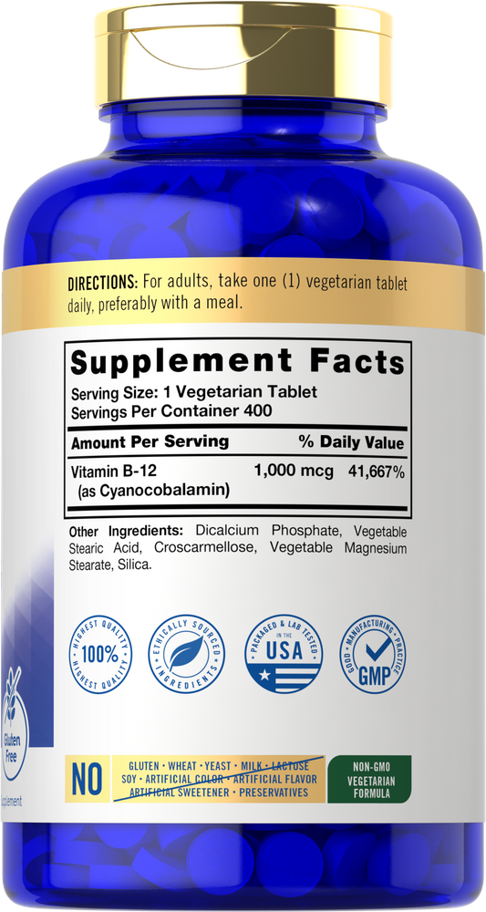 Blue bottle holds 400 vegetarian tablets, each providing 1,000 mcg of Vitamin B-12.
