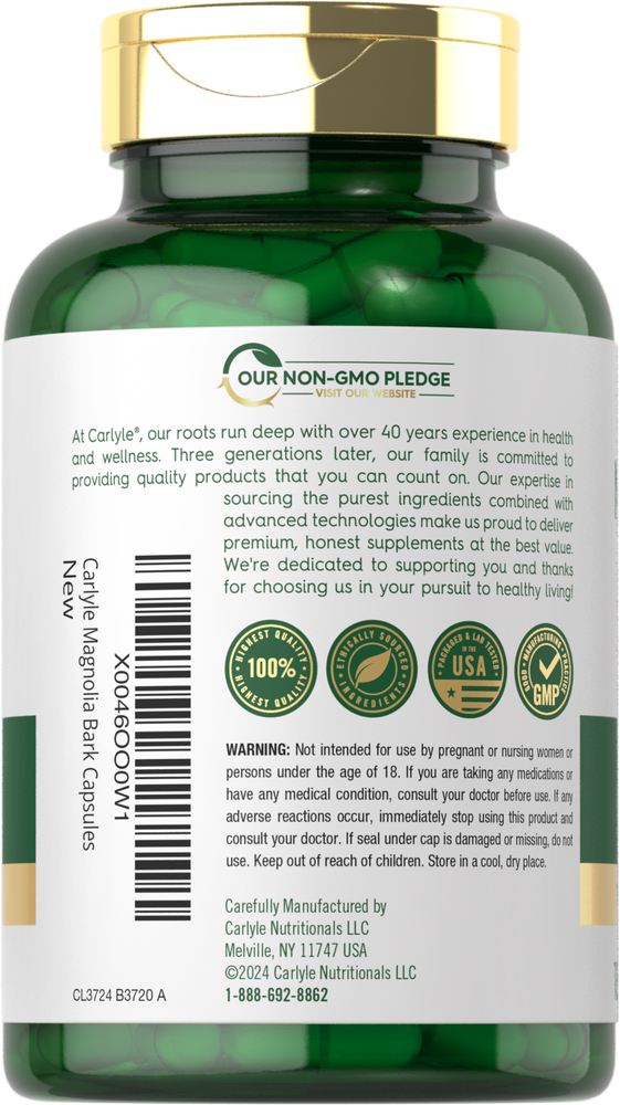 Green Carlyle Magnolia Bark capsules weighing on a hand scale, 180 count bottle.
