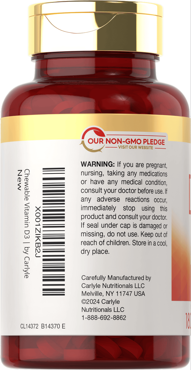 Carlyle Chewable Vitamin D3 2000 IU, 180 tablets in a bulk hand-scale package.