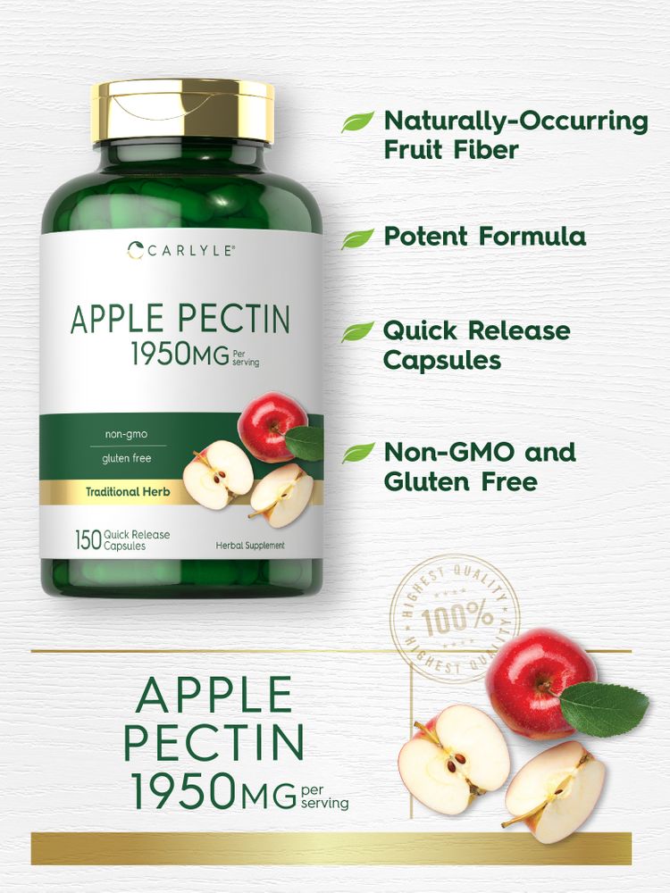 Carlyle Apple Pectin 1950mg, 150 capsules in quick release form, shown on a hand scale.