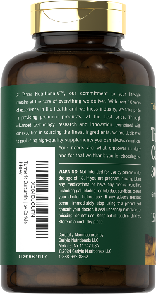 Hand holding a bottle of Turmeric Curcumin Complex 3000 mg, containing 150 capsules, displayed on a bulk scale for measurement.