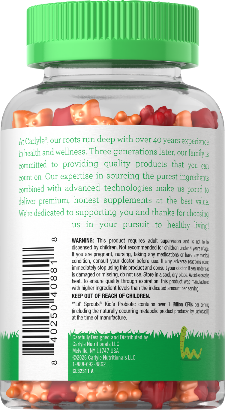 Carlyle Kids Probiotic Gummies bottle containing 60 gummies, each with 1 billion CFU, supporting children's digestive health.