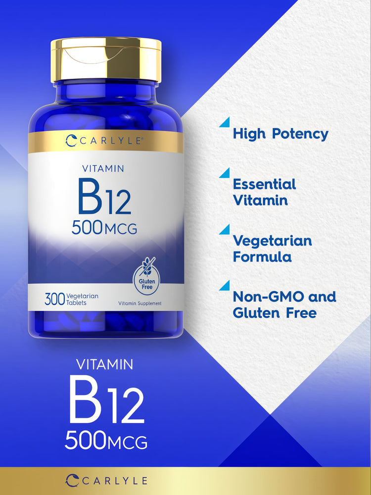 Hand holding Carlyle Vitamin B12 500 MCG 300 Vegetarian Tablets bottle.