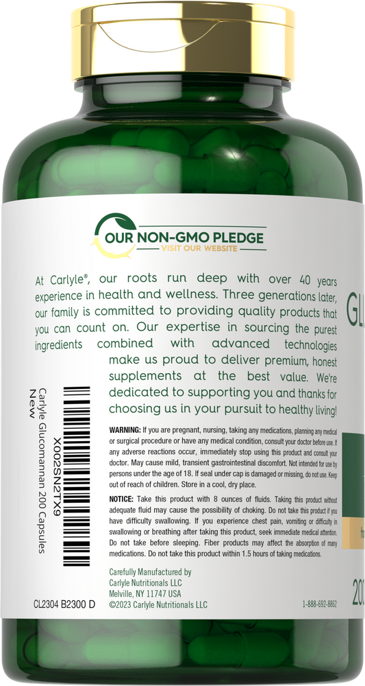 A green bottle of Carlyle Glucomannan containing 200 capsules.