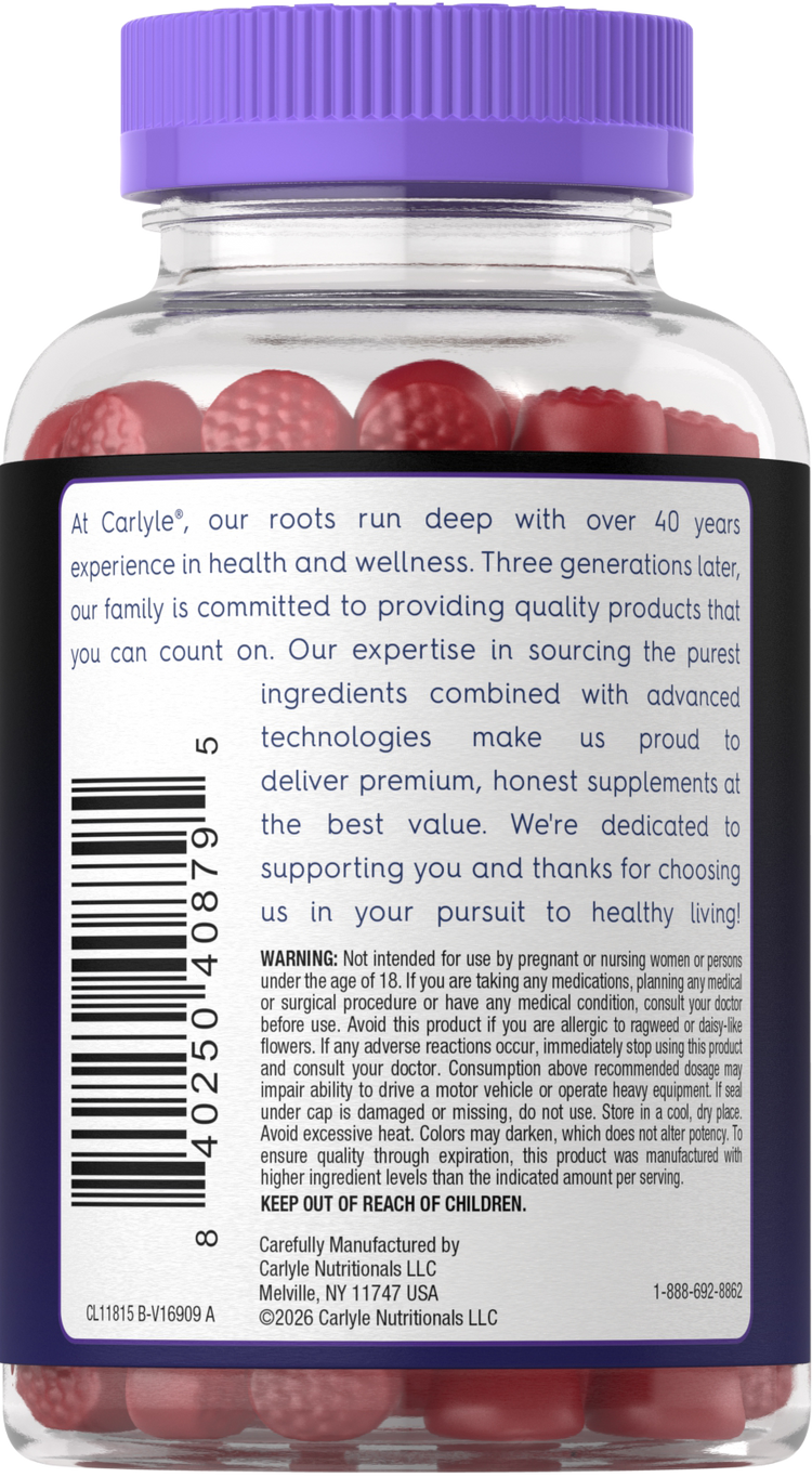 Carlyle Sleep Melatonin 10 mg bottle with clear design and visible red gummies inside.