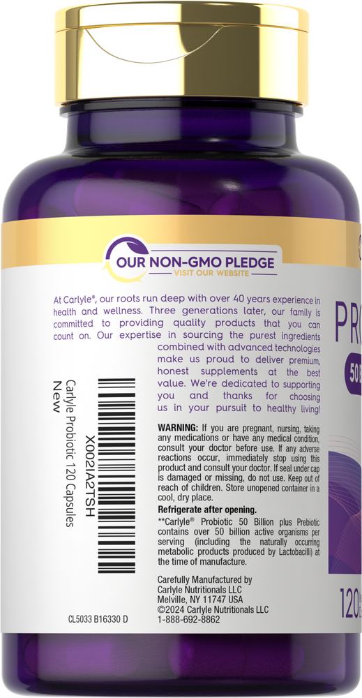 Hand holding a bottle of Probiotic Acidophilus capsules, 50 Billion CFU, 120 count.