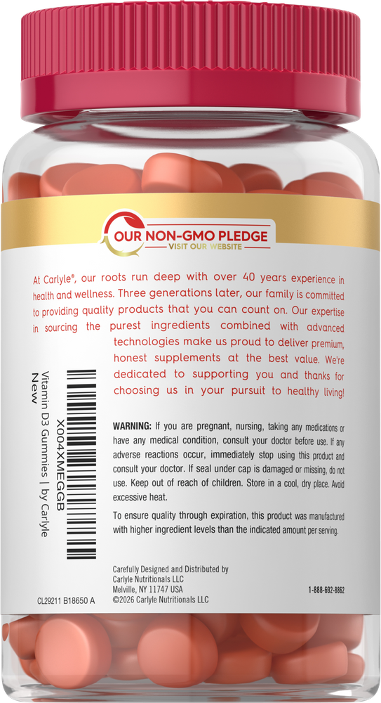 A full transparent jar of Carlyle's orange Vitamin D3 gummies for daily health support.