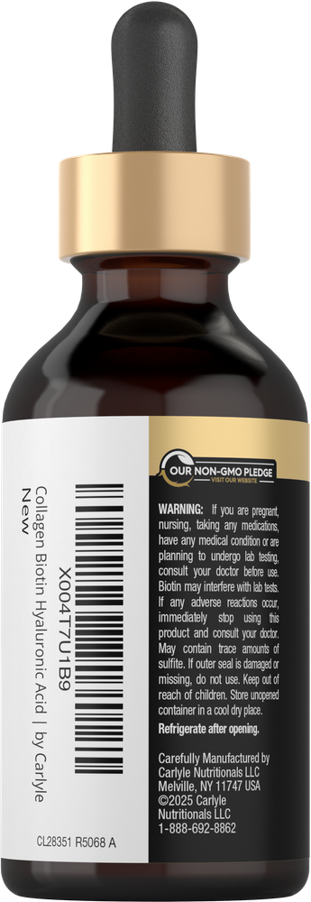 Bottle of Collagen, Biotin, and Hyaluronic Acid liquid supplement, 2 fl oz size, placed on a hand scale for measurement.