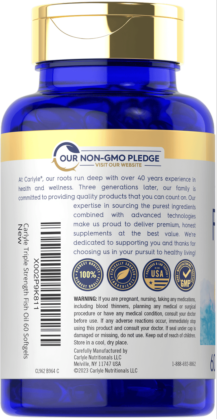 Carlyle Triple Strength Fish Oil bottle showing 60 softgels on a scale.