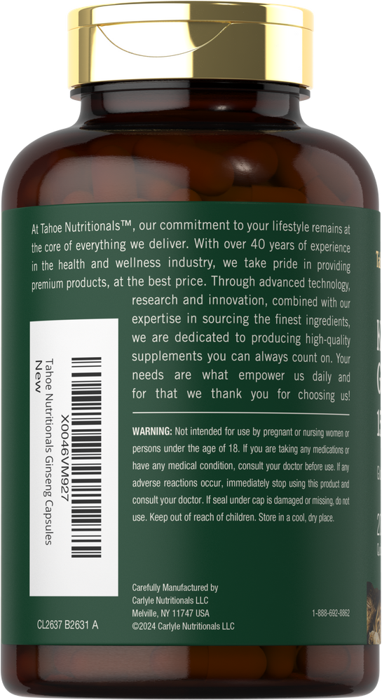 Tahoe Nutri Korean Panax Ginseng 1500mg bottle with 200 capsules shown for scale in hand. Enhances vitality and well-being.