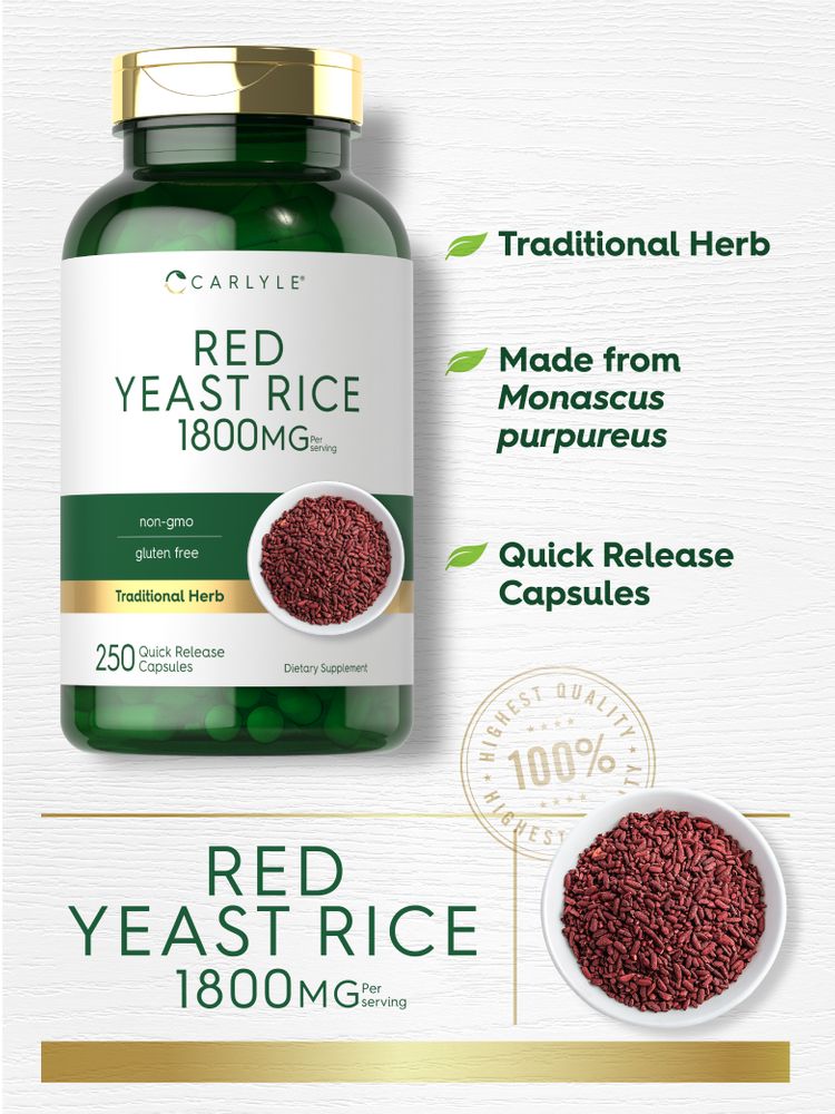Red Yeast Rice 1800 mg Quick Release Capsules bottle next to a bowl of red yeast rice granules.