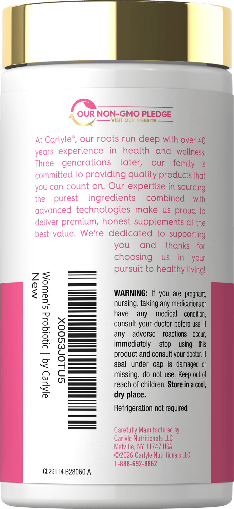 Carlyle Women's Probiotic supplement with 100 billion CFU in a 150-capsule bottle for digestive and immune health.