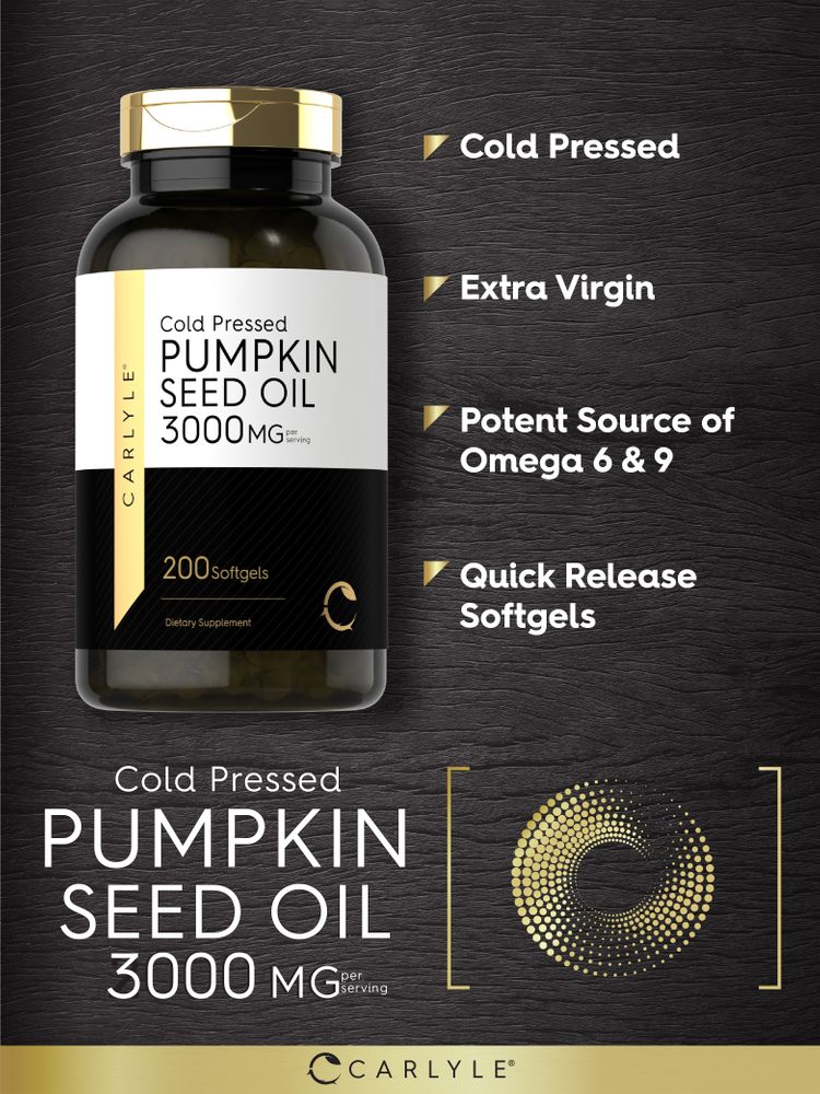 Hand holding Pumpkin Seed Oil Softgels, 3000 MG per serving, 200 count bottle, showcasing product size and quantity.