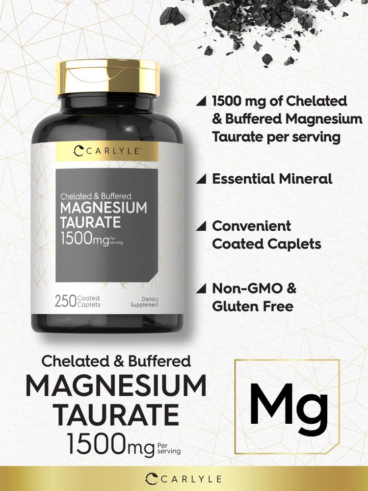 Carlyle Magnesium Taurate, 1500 mg per serving, coated caplets, 250 count, image shows a hand holding the container.
