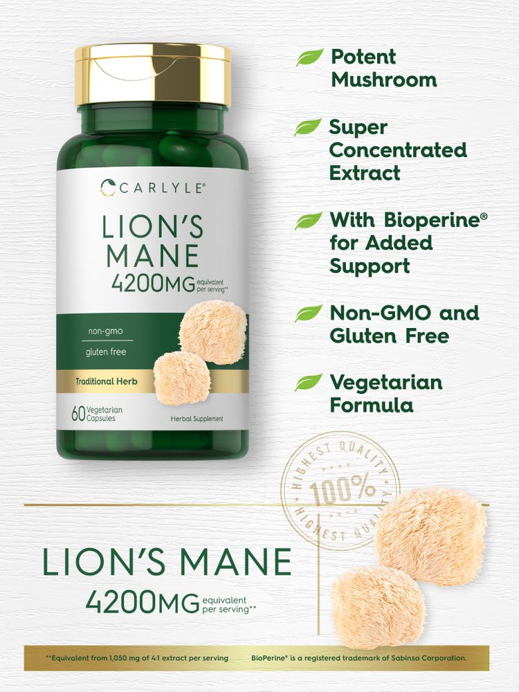 Lion's Mane mushroom pieces and Carlyle Lion's Mane 4200 mg equivalent bottle of 60 Vegetarian Capsules.