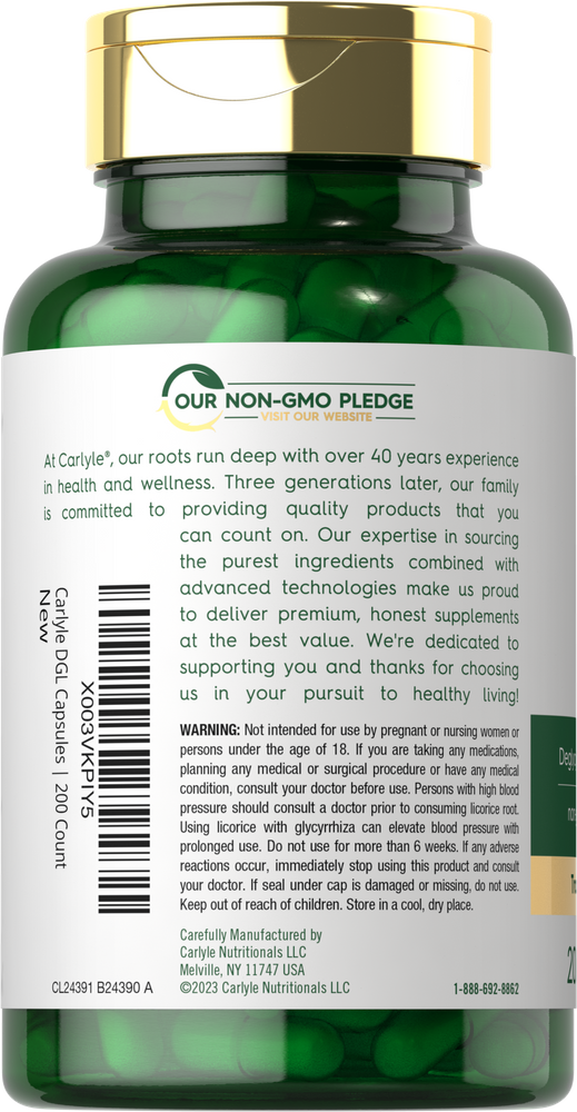 Hand holding a bottle of Carlyle DGL capsules, 200 count, dietary supplement.