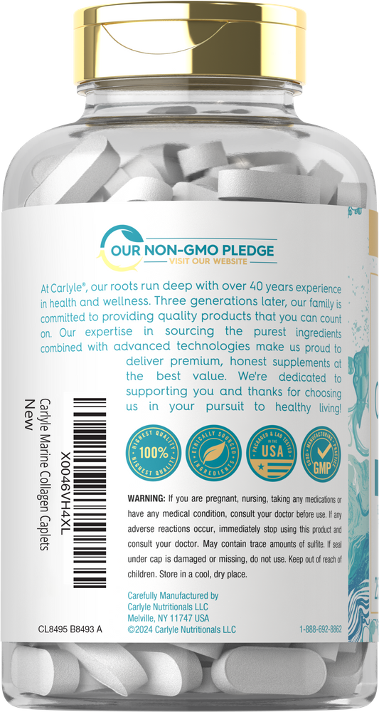 A clear bottle containing 250 white, oval Carlyle Marine Collagen caplets.