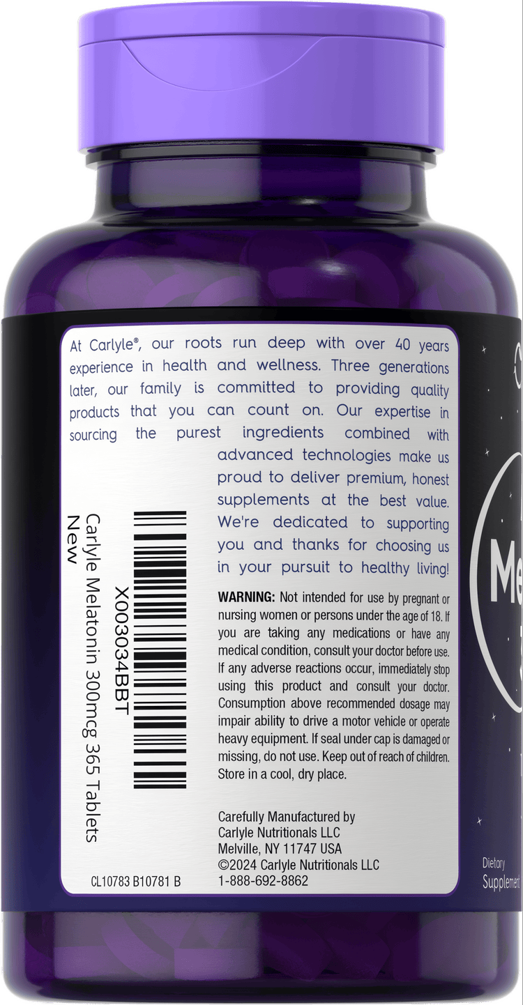 A bulk bottle of Carlyle Melatonin 300mcg containing 365 tablets shown on a hand scale, suitable for promoting sleep support.