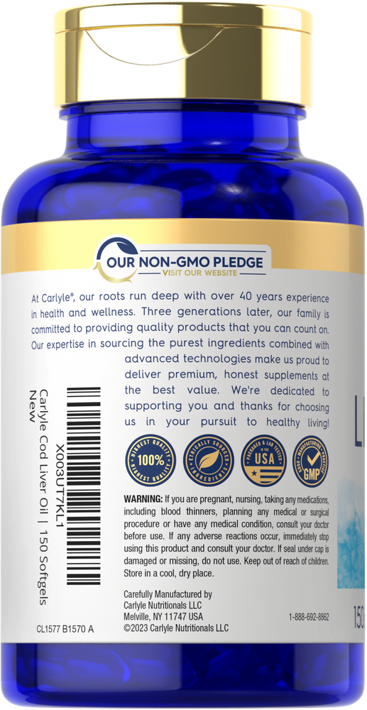 Carlyle Cod Liver Oil 150 Softgels bottle on a hand scale, showcasing the product's size and packaging for easy measurement.