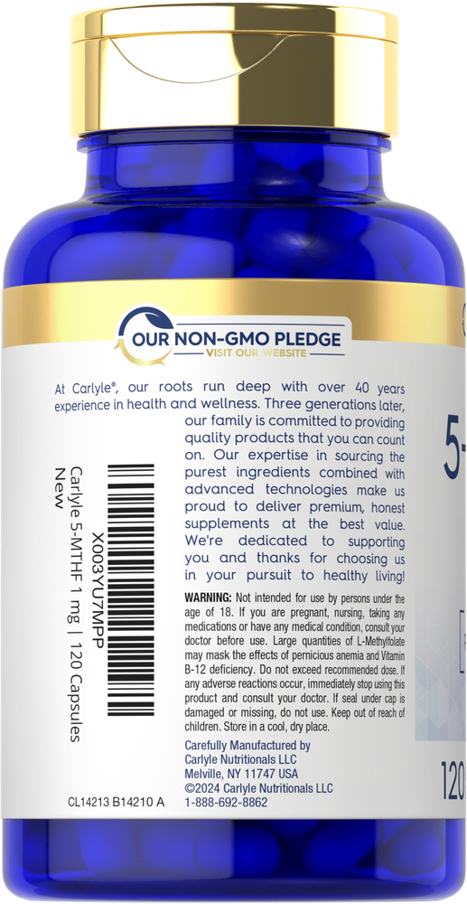 Carlyle 5-MTHF 1 mg 120 Capsules bottle labeled with 'OUR NON-GMO PLEDGE'.