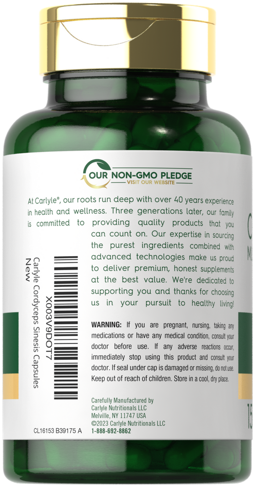 Carlyle Cordyceps Sinensis 1000 mg Capsules, 150 count, displayed on a hand for scale.