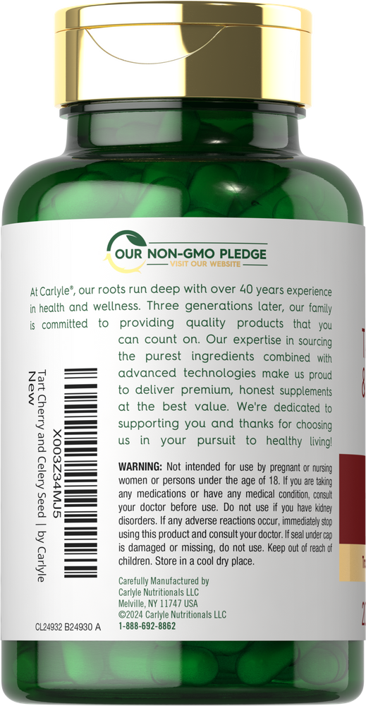 A hand holding green capsules of Carlyle Tart Cherry Plus Celery Seed, 200 count, emphasizing size and quantity.
