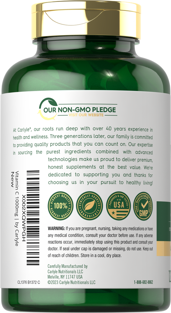 Carlyle C 1000mg Timed Release with Rose Hips, 120 tablets, shown on a hand scale to indicate size and bulk.