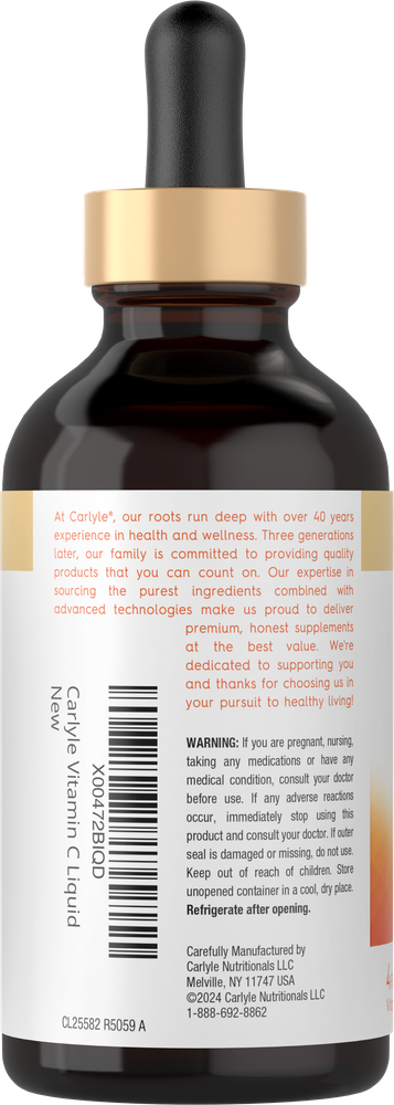 A bottle of Carlyle Vitamin C Liquid, 4 fl oz, is balanced on a hand scale to show its weight measurement.