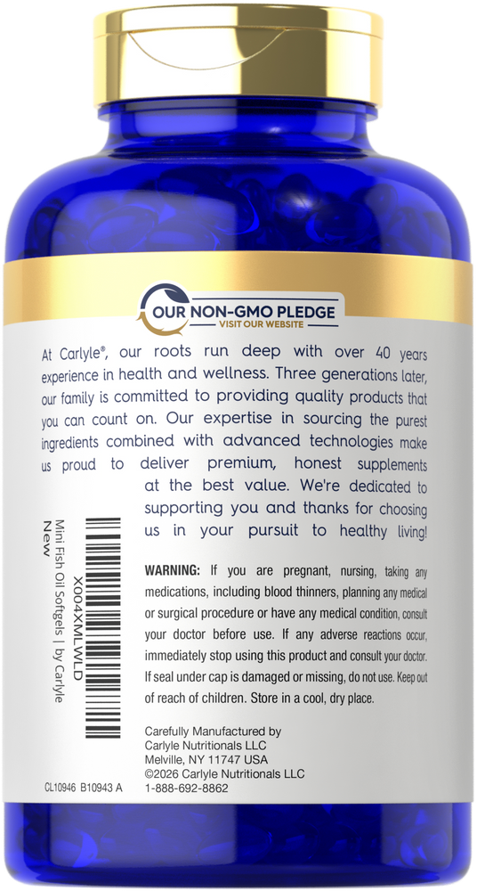 A blue bottle filled with Mini Fish Oil Softgels placed against a background that shows product size in hand scale.
