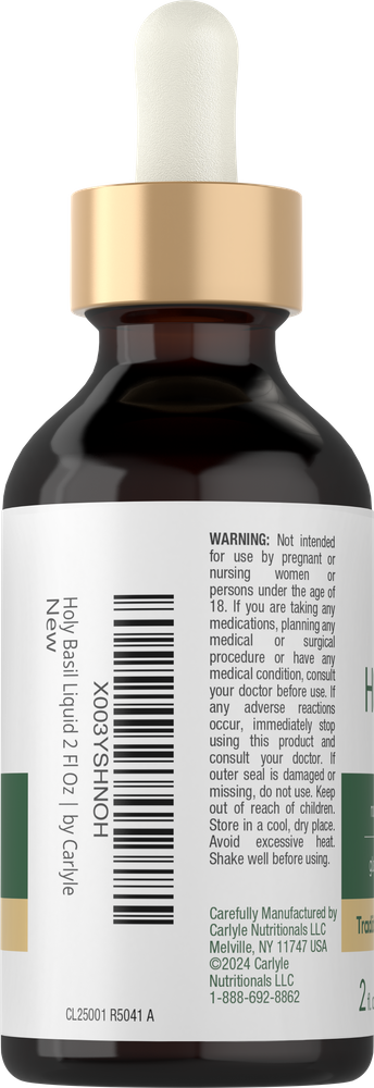 A 2 fl oz dropper bottle of Holy Basil Liquid is shown for size comparison on a hand scale.