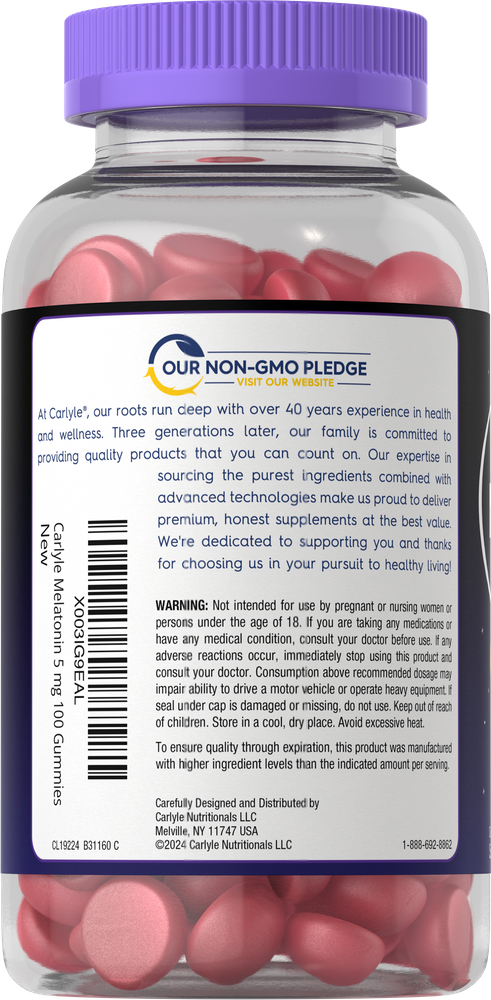 A clear jar containing 100 gummies of Melatonin, each 5 mg, displayed in bulk scale hand image.