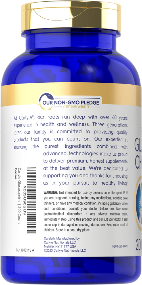 Carlyle Advanced Glucosamine Chondroitin MSM Plus Turmeric comes in a 200-count bottle with white capsules.