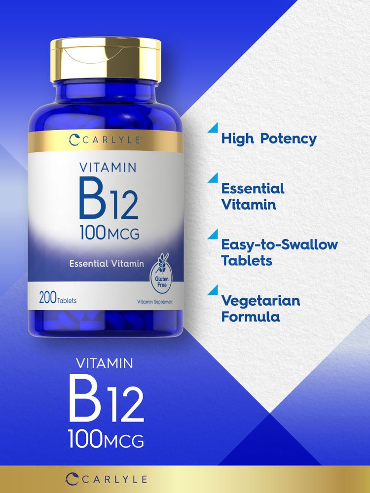 Carlyle B-12 supplement, 100 mcg, 200 tablets bottle on a bulk scale. Ideal for dietary support and vitamin intake.
