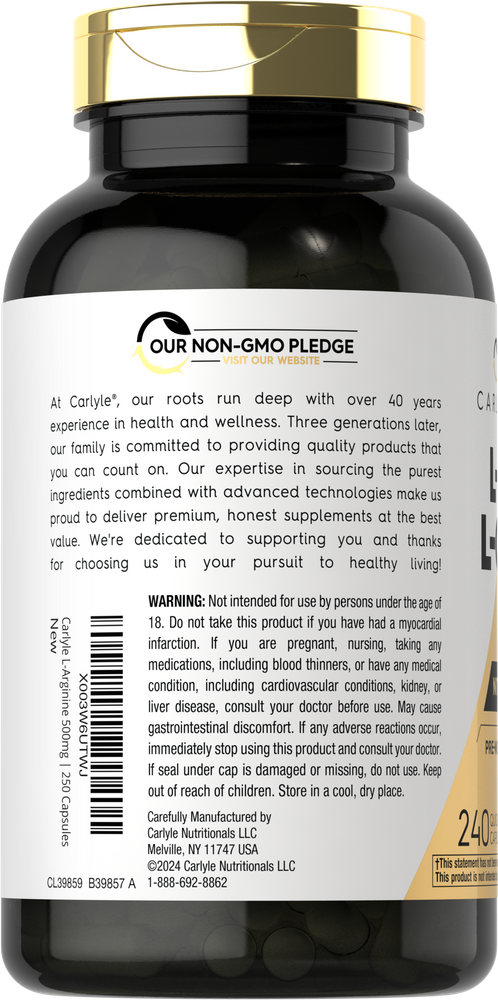 A hand holding a bottle of Carlyle L-Arginine 500mg with 250 capsules, showcasing the bulk packaging.