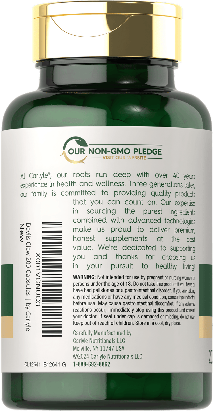 A bulk bottle of Devils Claw capsules, 2000 mg, containing 200 capsules placed on a hand-held scale for weight measurement.