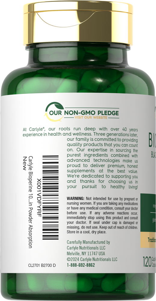 Green bottle containing 120 capsules of Bioperine 10 mg, designed for precise measurement and bulk scale use.