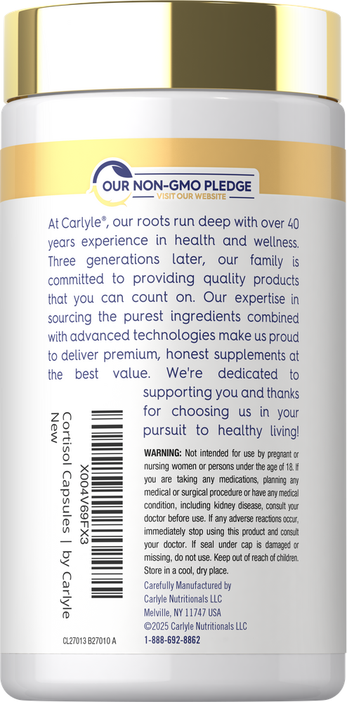 Cortisol Capsules by Carlyle, 60 count, in a white bottle. Back label shows Our Non-GMO Pledge and company details.