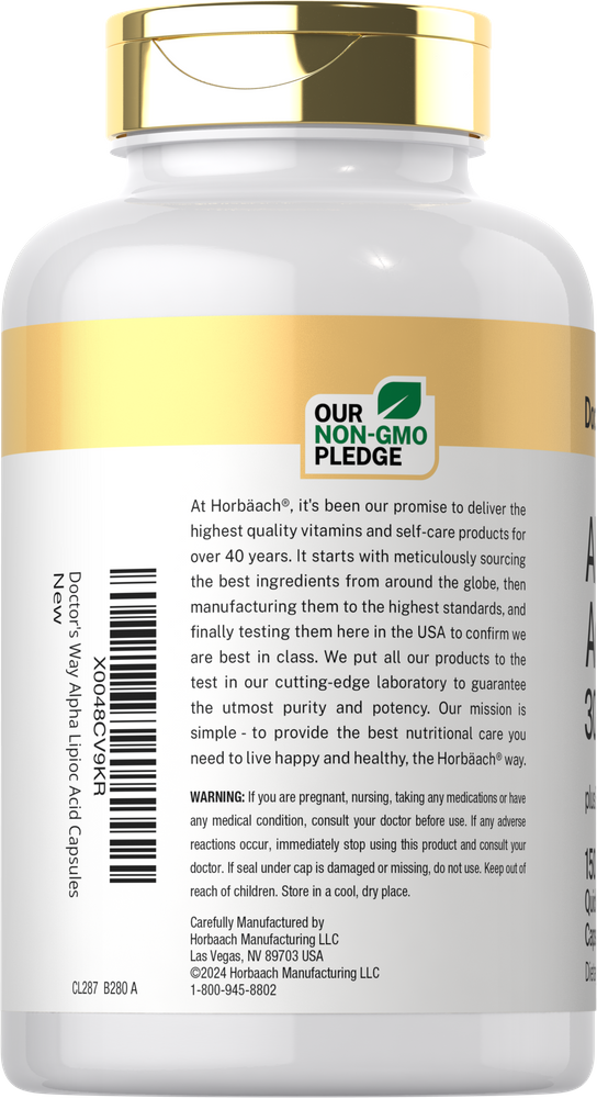 Hand holding a Doctor's Way Alpha Lipoic Acid 300 mg 150 Quick Release Capsules bottle.