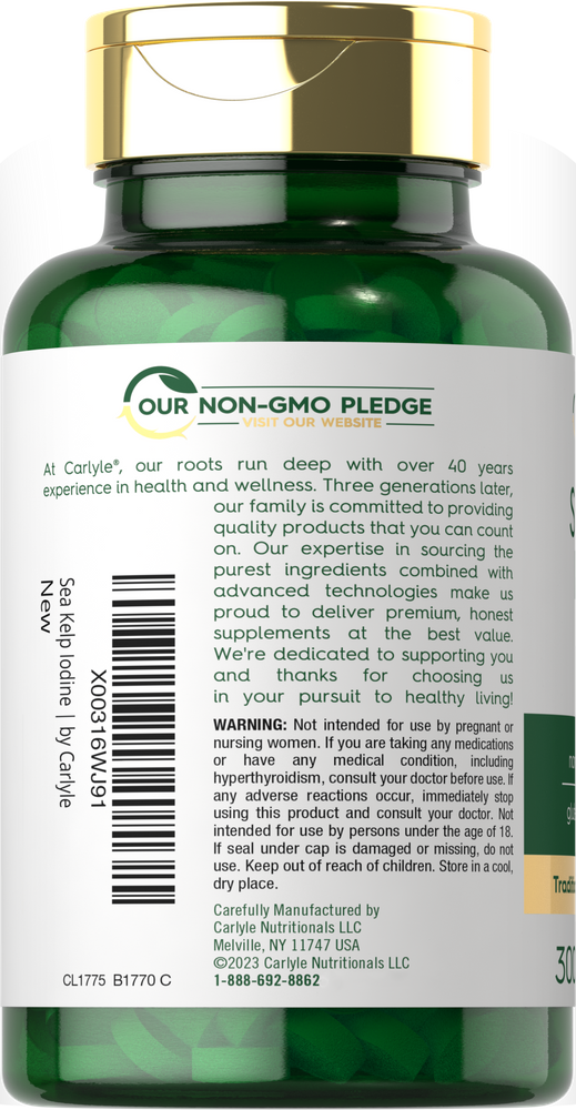 Carlyle Sea Kelp Iodine 225 mcg, 300 tablets, shown in a green bottle.