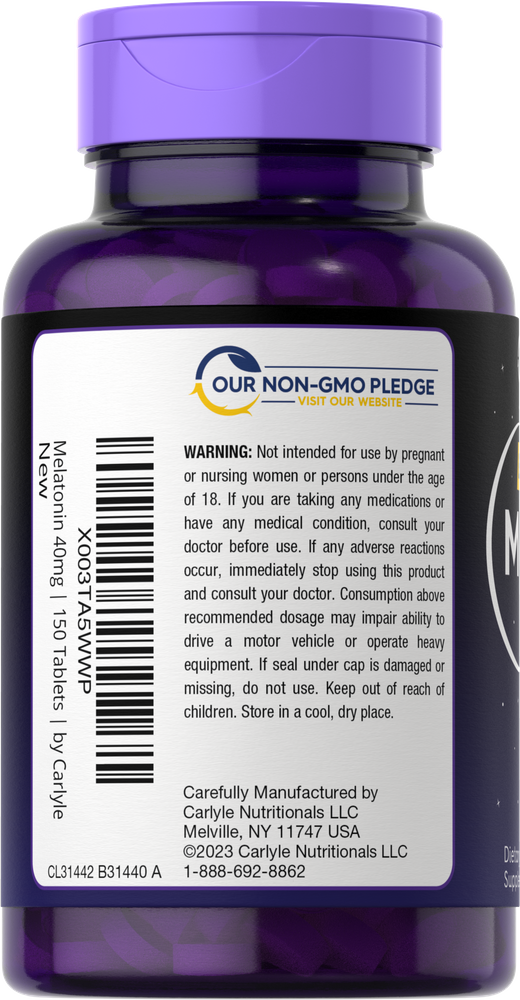 Bulk container of Carlyle Melatonin 40mg tablets on a hand scale, designed for sleep support.