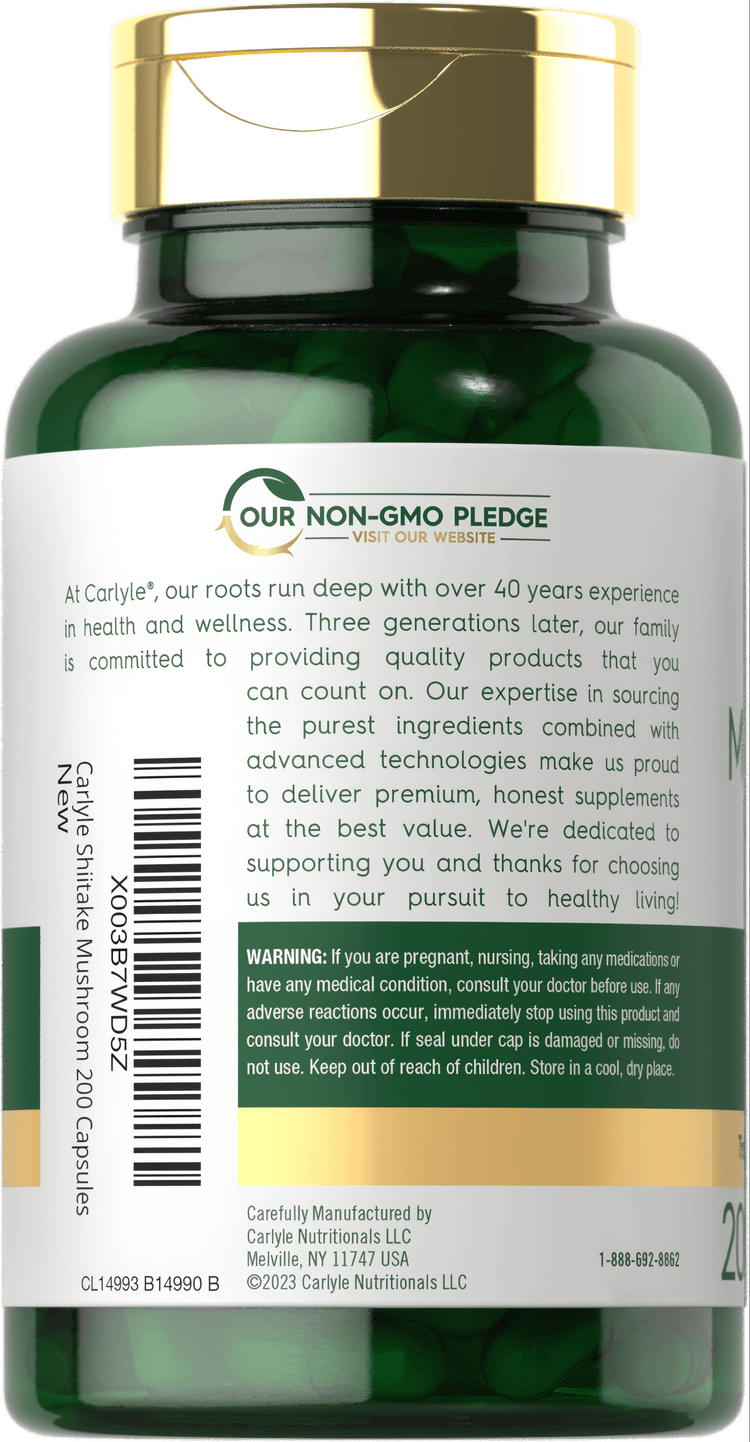 A bottle of Shiitake Mushroom 3000 mg with 200 capsules being held in a hand, emphasizing its size and bulk.