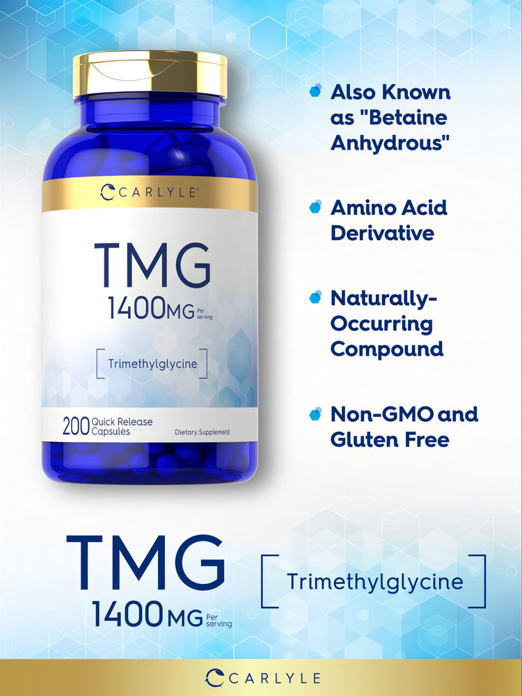 Carlyle TMG 1400mg Quick Release Capsules, 200 count bottle shown on a hand scale for weight reference.