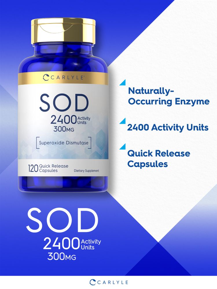 Carlyle SOD 300MG, 120 quick-release capsules providing 2400 activity units, shown on a hand scale.