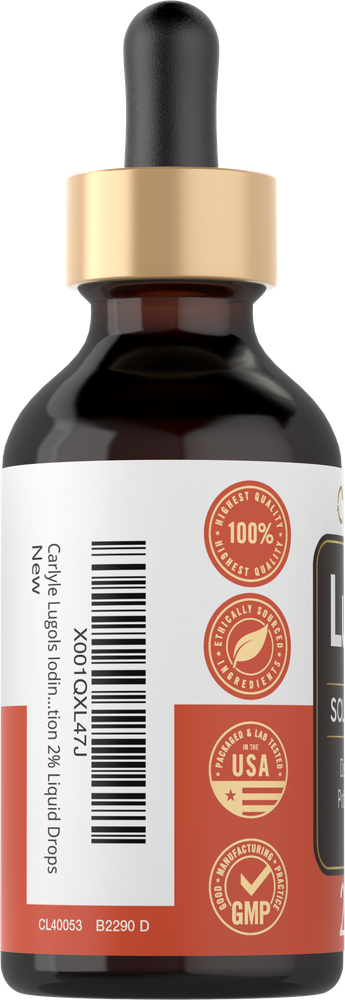 Bottle of Carlyle Lugol's Iodine 2% Liquid Drops, 2 oz size, shown on a hand scale for measuring weight.